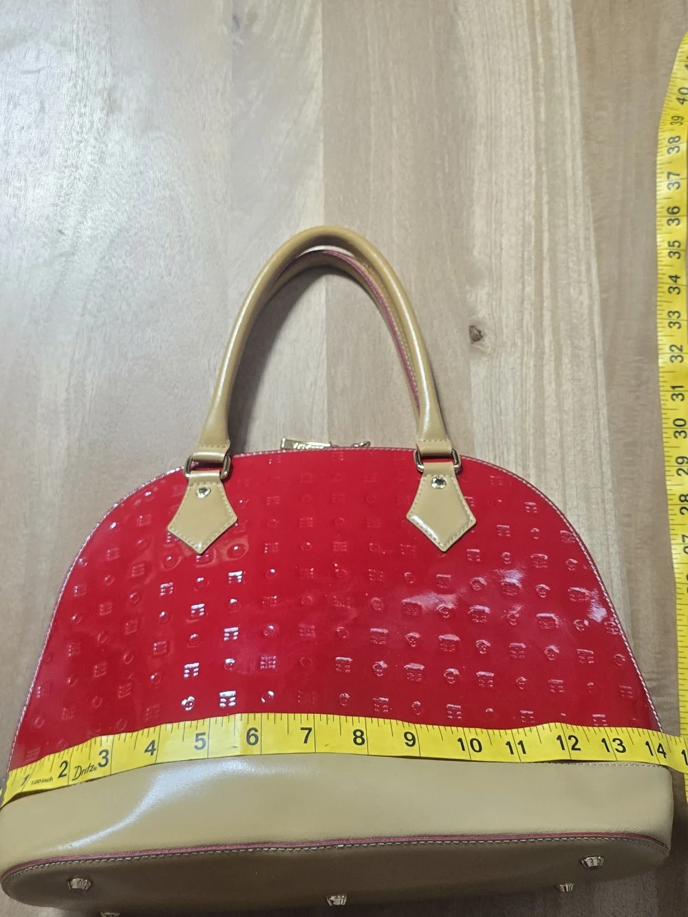 Arcadia Italy Red Patent Leather Embossed Monogram Dome Satchel Handbag